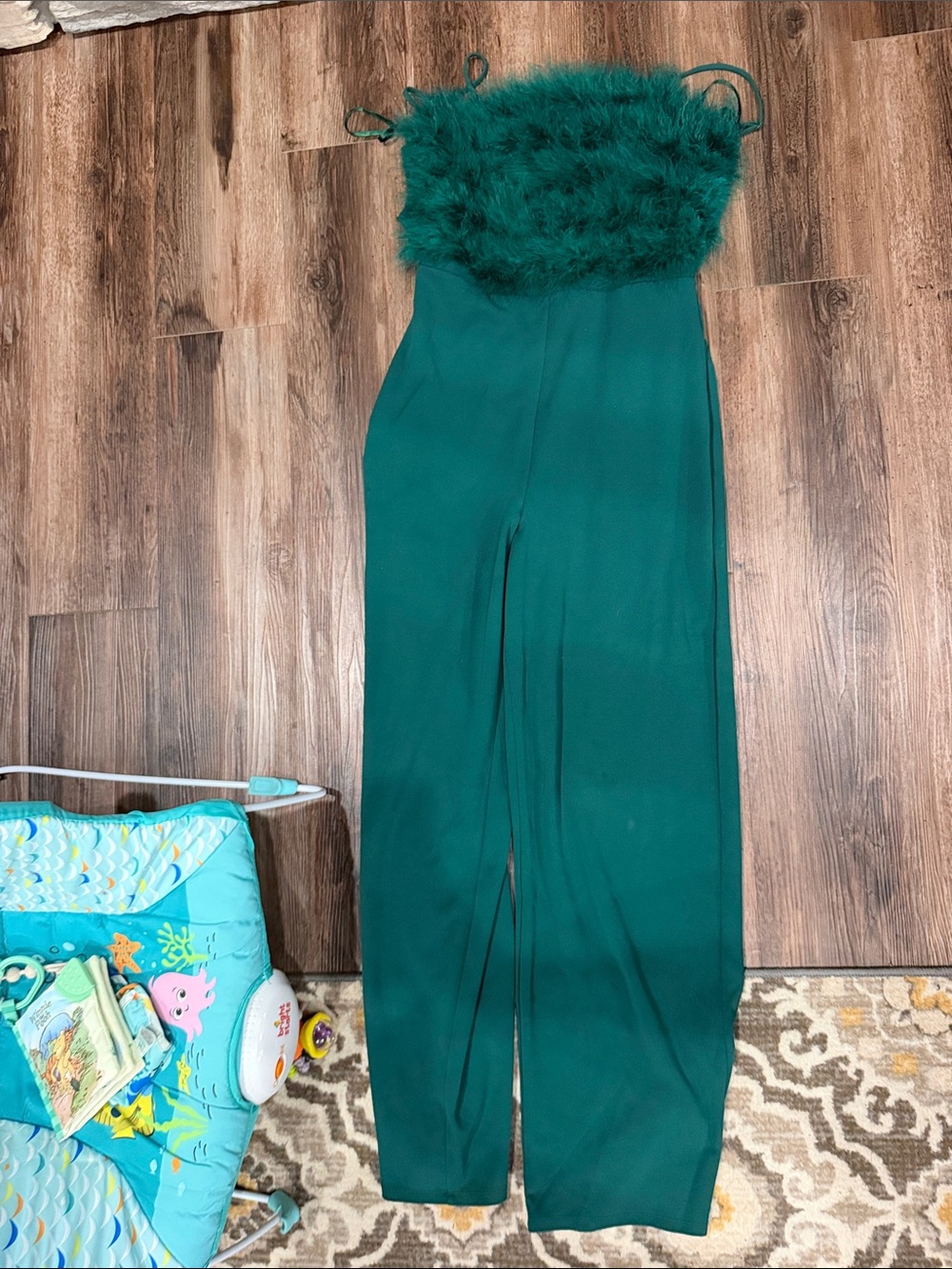 Women's Emerald Green Feather-Trim Jumpsuit